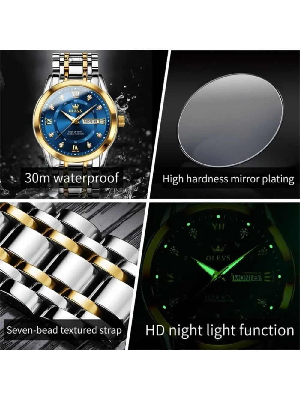 Men's Silver Blue Stainless Steel Luminous Quartz Waterproof Round Classic Watch